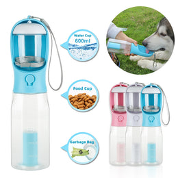 3-in-1 Portable Pet Water Bottle, Food Feeder, and Garbage Bag Dispenser